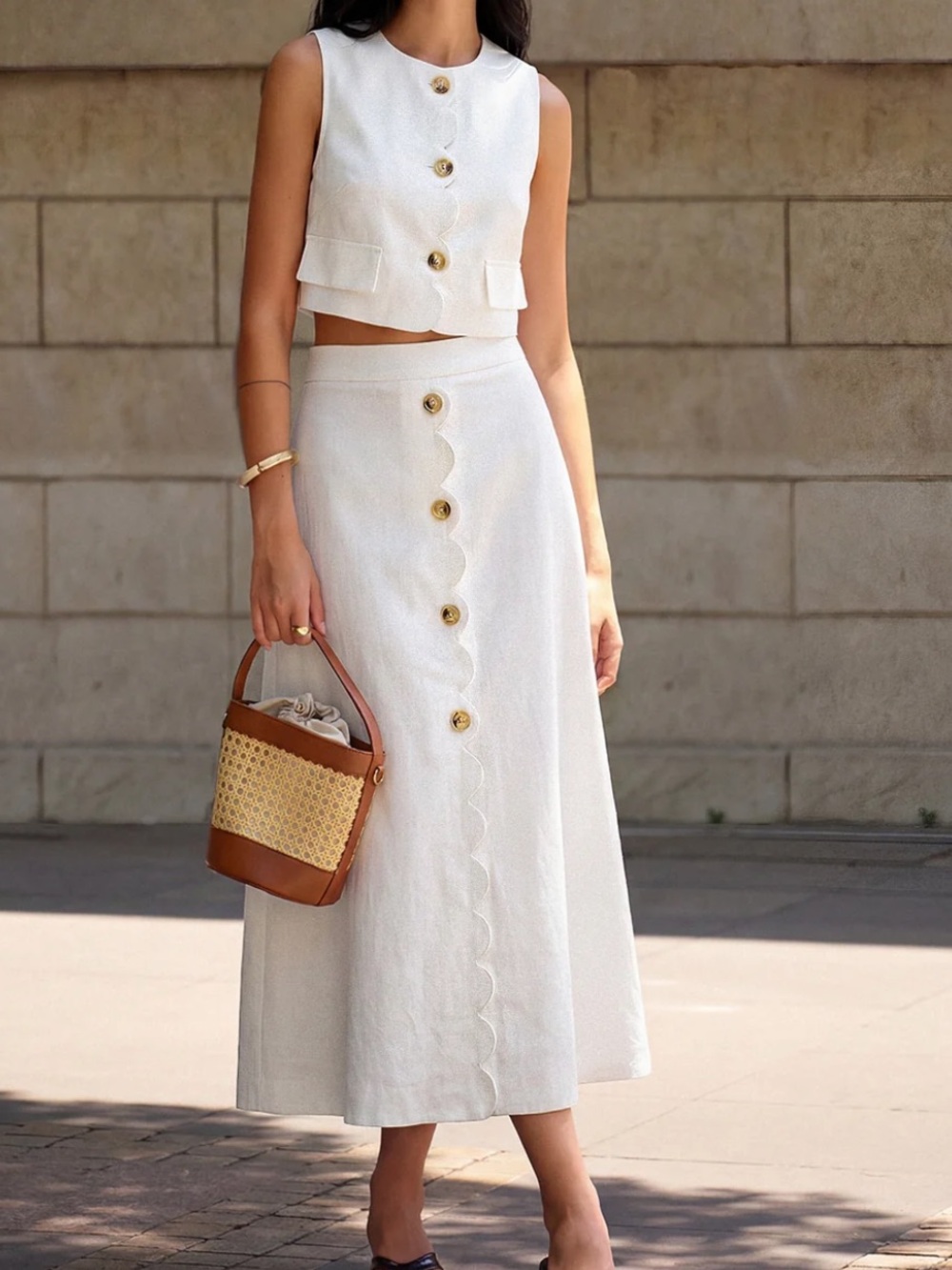Commense White Maxi Skirt with Scalloped Button Front XS